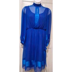 Vtg Roger Milot Dress, Blue, Chiffon Satin Metallic Long  Sleeve Sz 12